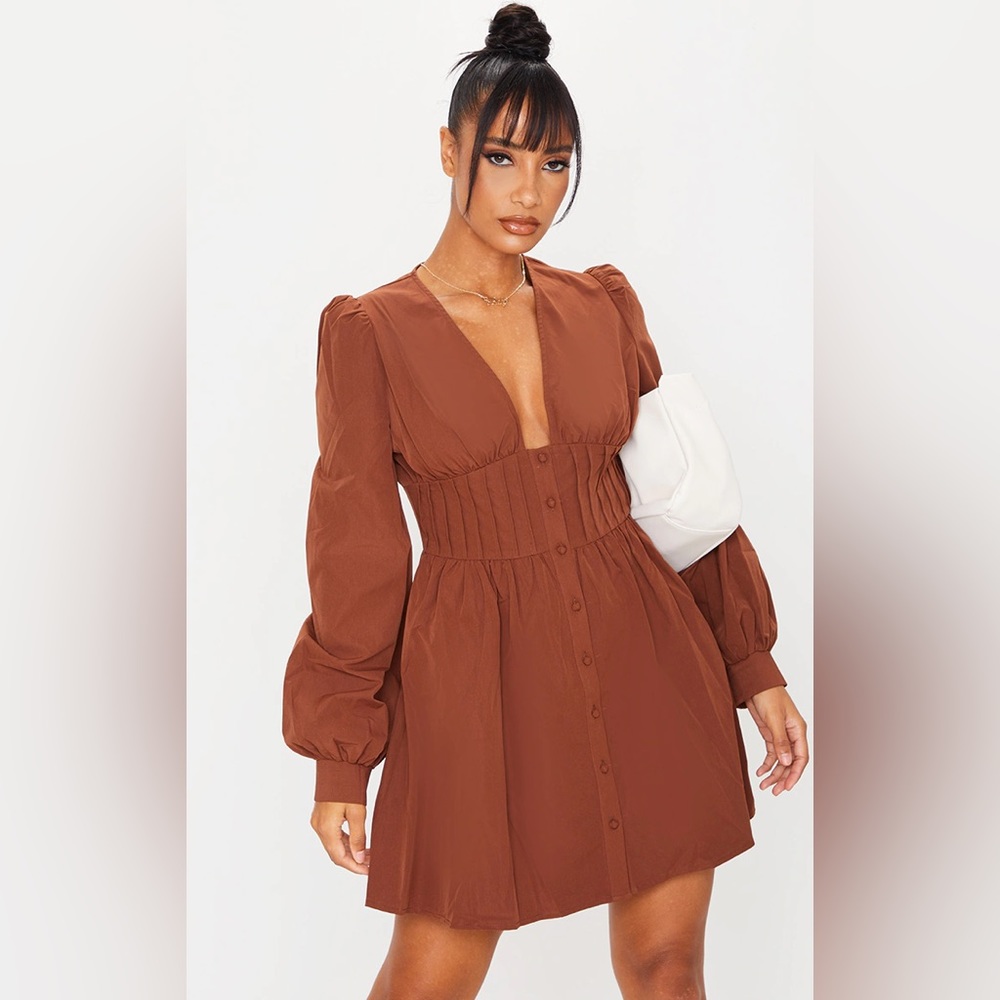 Chocolate Button Front Fitted Puff Sleeve Skater Dress